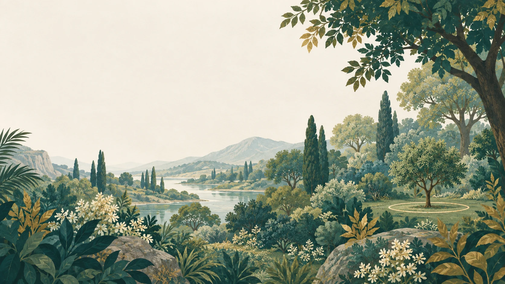 Abundant botanical landscape with one small tree marked by a boundary.