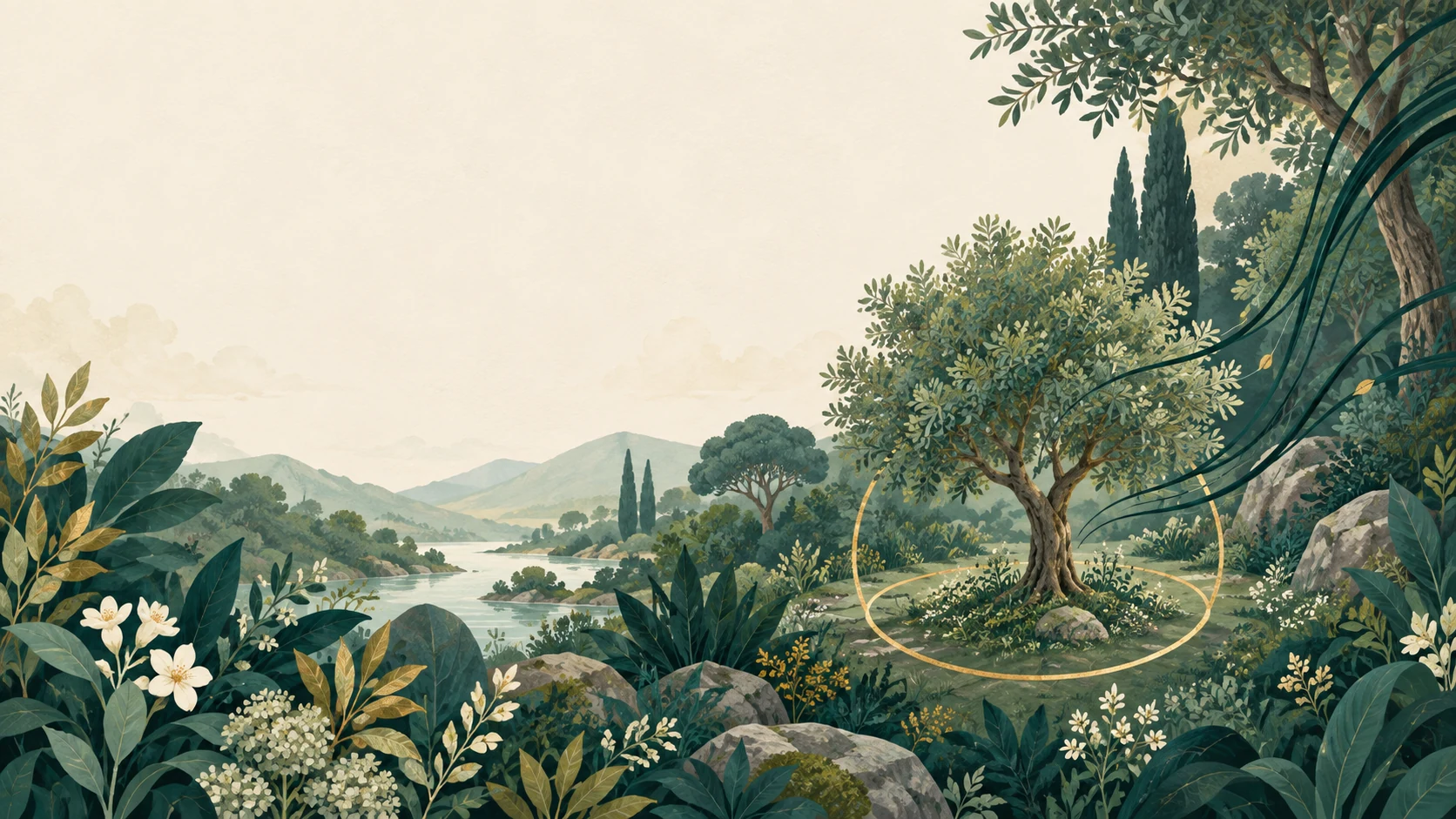 Dark curved lines draw attention toward a bounded tree within an abundant landscape.