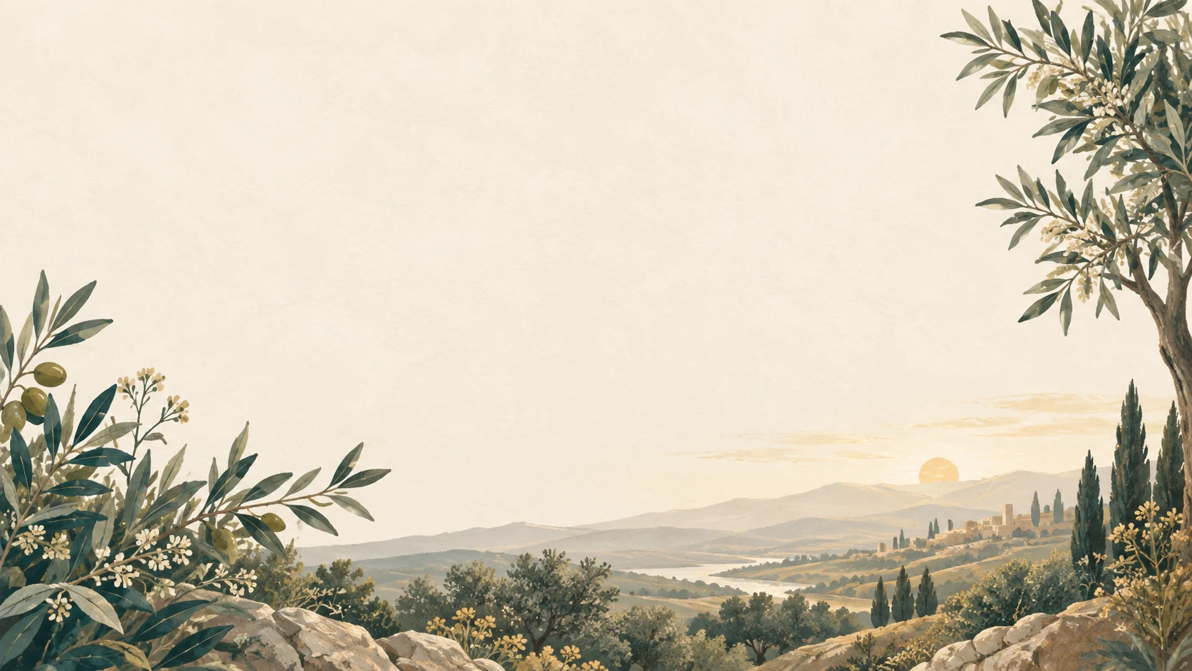 A low earthly horizon and sparse botanical border frame an open cream sky.