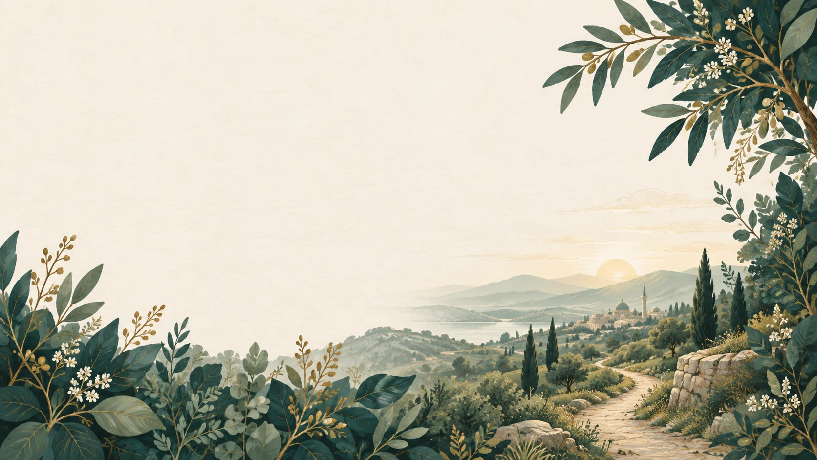 Botanical foliage frames a winding path into a quiet valley.