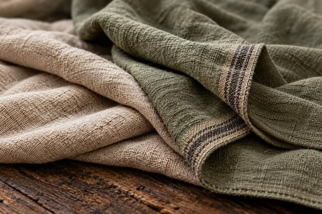 Folds of natural and olive-green linen on a wooden table