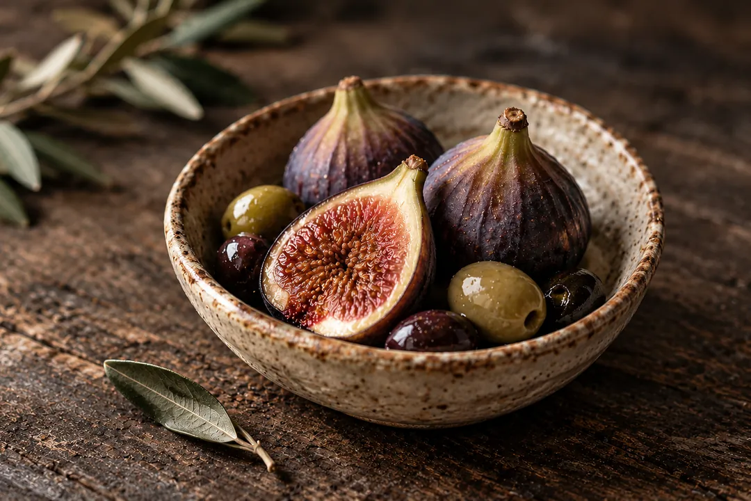 Figs and olives in a stoneware bowl