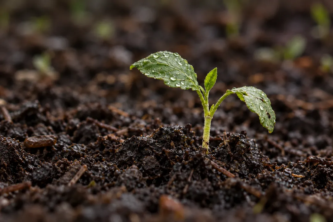 A green sprout in wet dark soil
